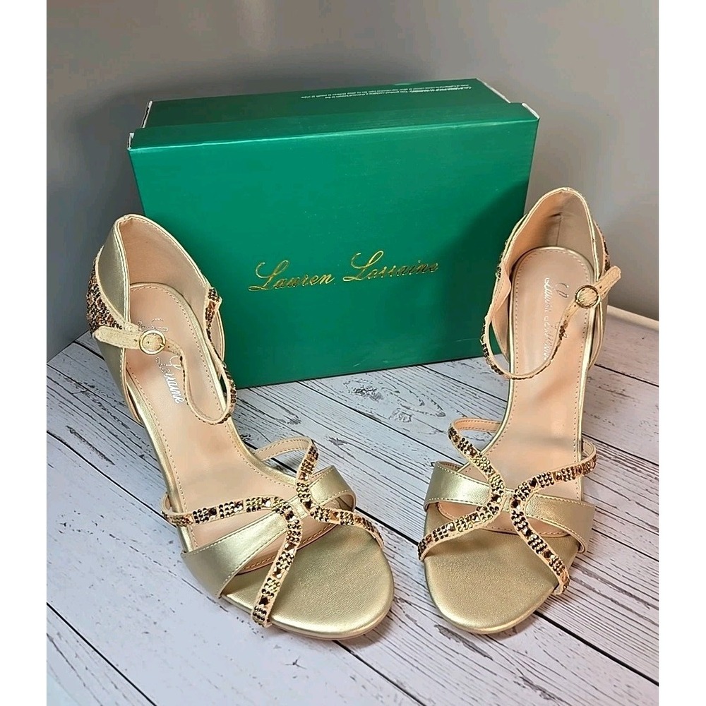 Lauren Lorraine Daisey Gold Rhinestone Heels Evening Party Holiday Sparkle Sz 11